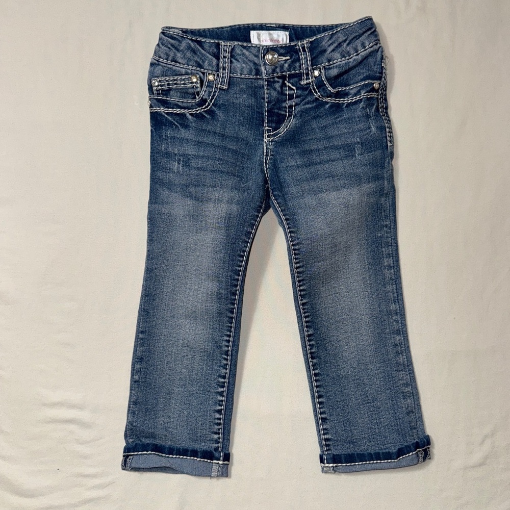 Folded Hem Jeans Girls 5 Folded Blue Denim Pants Adjustable Elastic Waist Winter